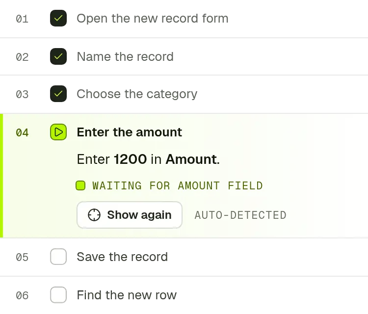 The side panel's step list: three steps done, and step 4, Enter the amount, waiting for the Amount field.
