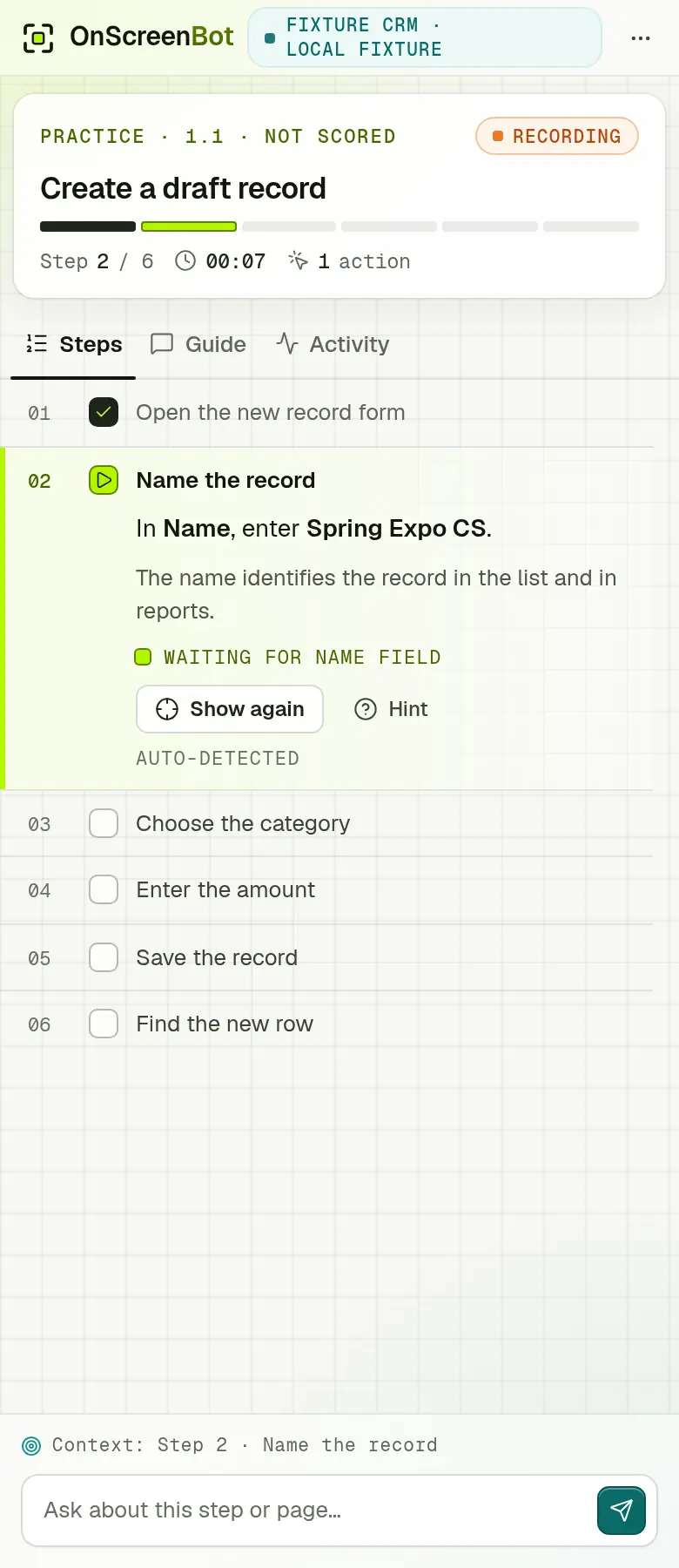 The OnScreenBot side panel at the same moment: step 2 of 6, Name the record, with the instruction, the reason, a Hint button and the remaining steps.