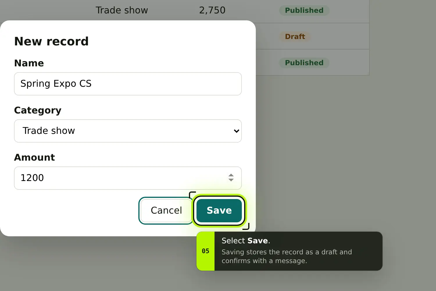 A close view of the test site: OnScreenBot frames the Save button, and the callout says that saving stores the record as a draft.